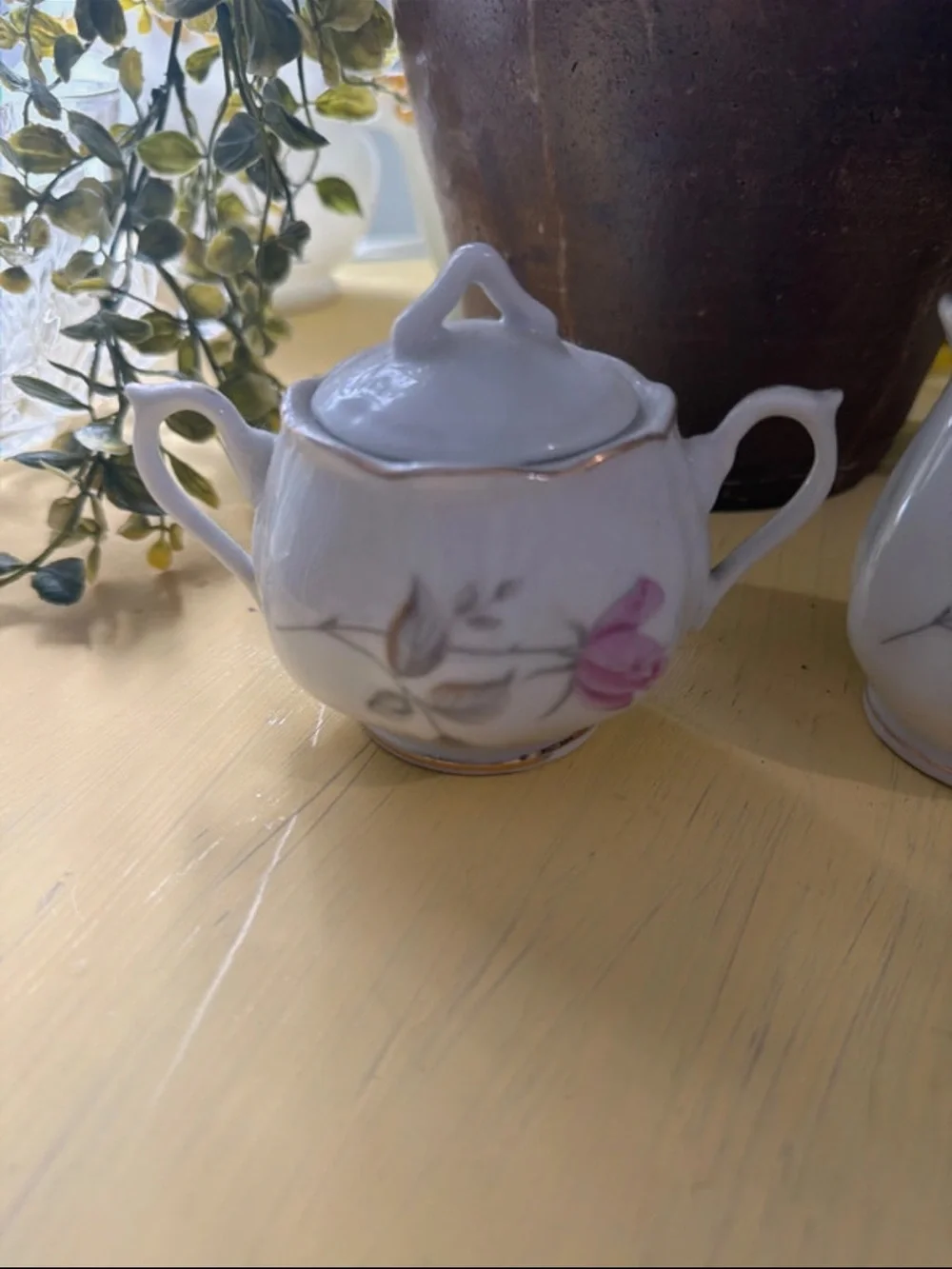 Enesco White Porcelain Sugar Bowl and Creamer with Pink Rose Motif